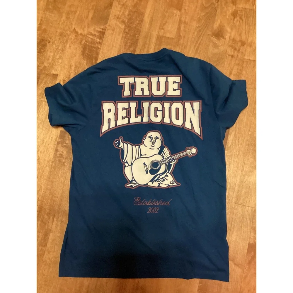 True Religion Blue T Shirt Buddha Guitar Graphic Short Sleeve Crew Neck-‎ small